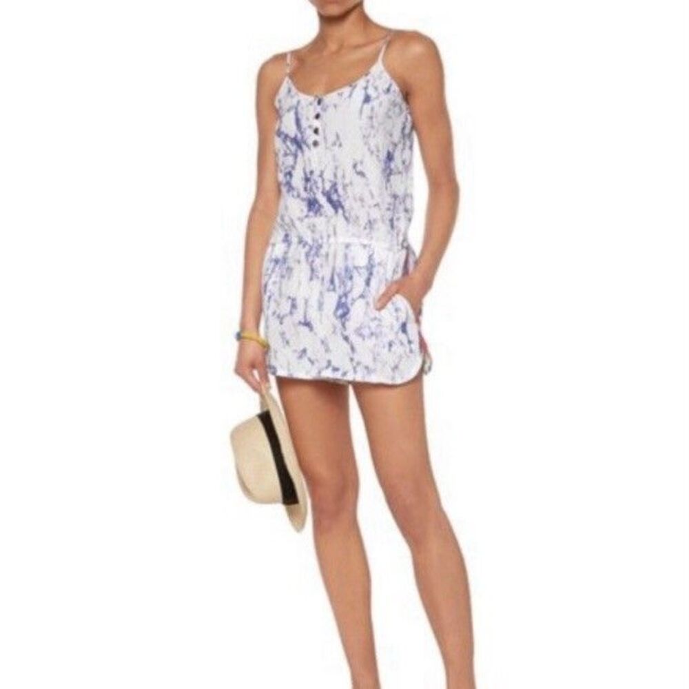 Lemlem Hana Silk Romper Womens Size XS White Blue Marbled Summer Outfit